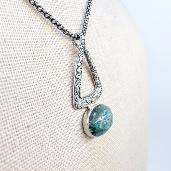 Sterling Silver 925 & 18k Gold Chrysocolla Bezel Set Pendant Necklace 18" Length - Picture 3 of 16